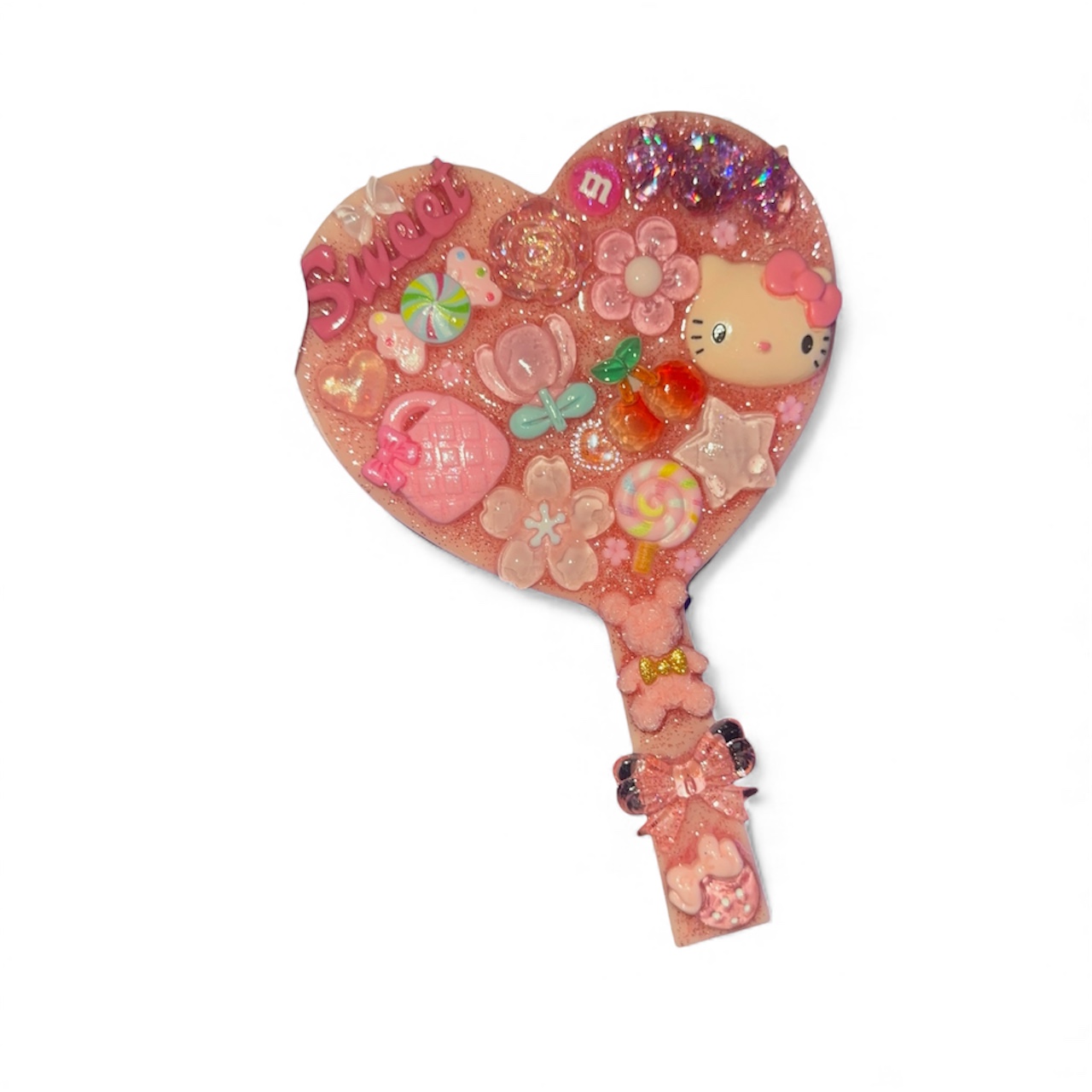 Handheld decorative mirror with rhinestones and charms